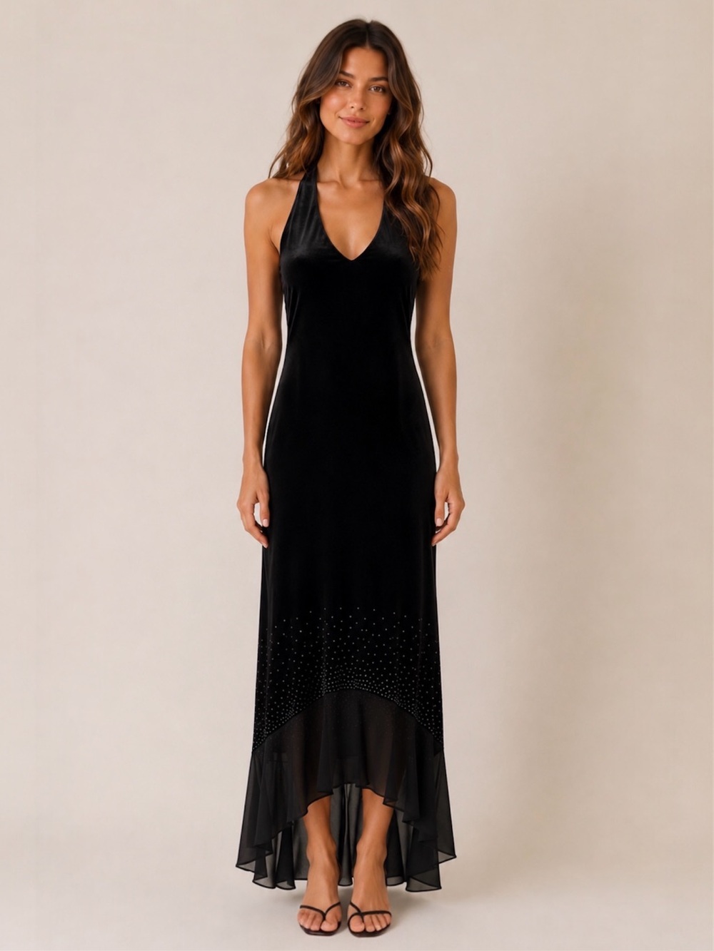 Y2K Black Velvet Halter Sparkle Embellished High-Low Formal Dress Size M